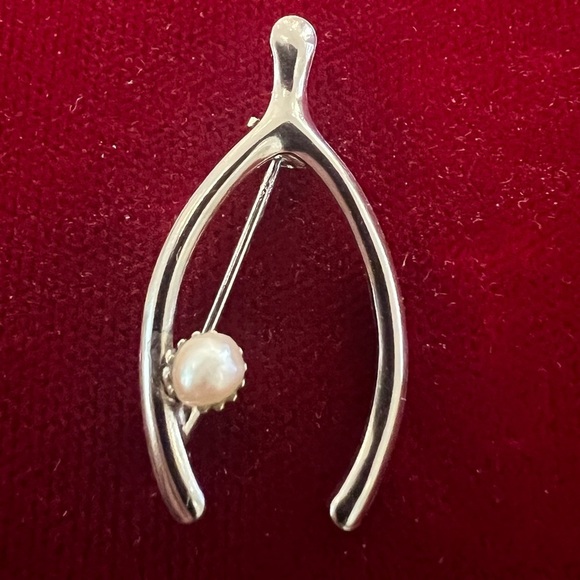 Vintage 1970's Sterling Silver Wishbone Pearl Brooch Pin - Picture 1 of 3